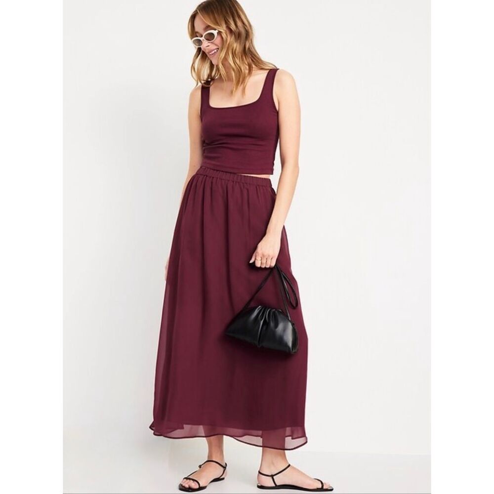 Old Navy Sz M Chiffon Maxi Skirt Burgundy Pull-On Lined Flowy Boho